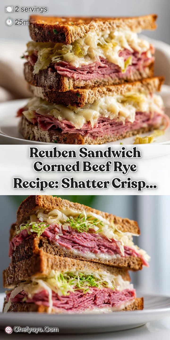 An appetizing close up of a juicy Reuben. The bread is crusty and toasted, layers of meat, cheese, and slaw are dripping w...