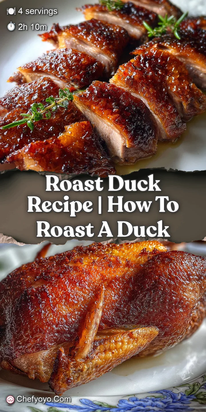 Close-up showcasing the rich, dark, lacquered skin of a perfectly roasted duck, highlighting its crispy texture and inviti...