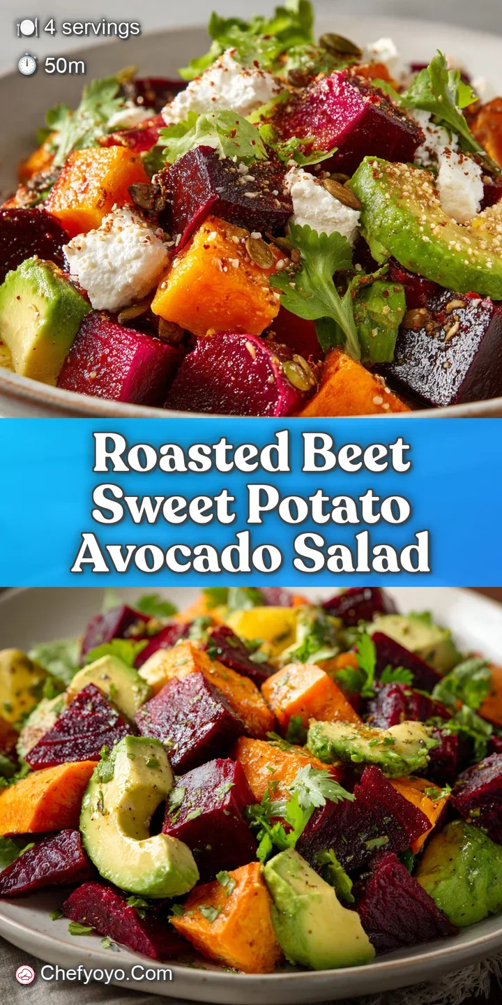Close-up of a beet salad reveals tender textures: earthy beets, soft sweet potato, smooth avocado and crisp salad greens.