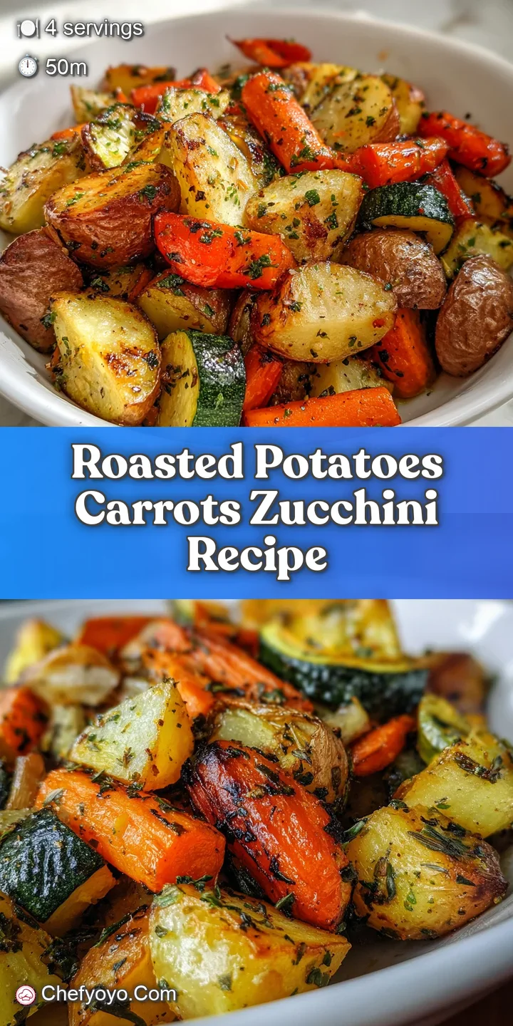 Close-up reveals the caramelized texture of roasted potatoes, carrots, and zucchini, glistening with olive oil and speckle...