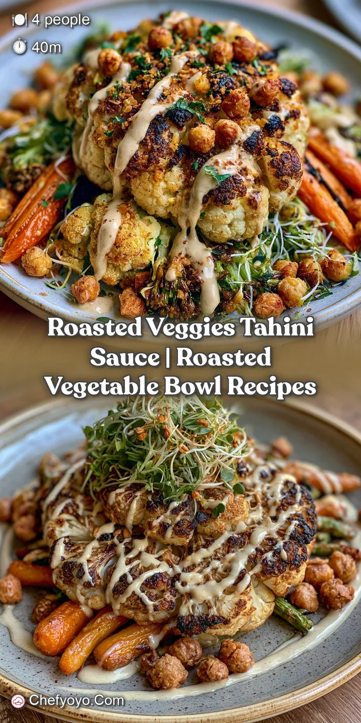 Extreme close-up of golden-brown roasted vegetables dripping with thick, creamy beige sauce and toasted seeds.