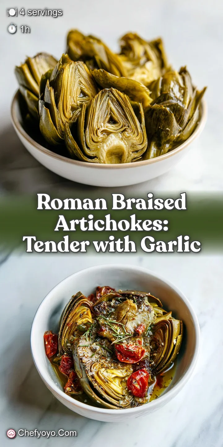 Close-up of braised artichoke hearts: tender, layered texture, hints of browning, and glistening sauce promise a savory, c...