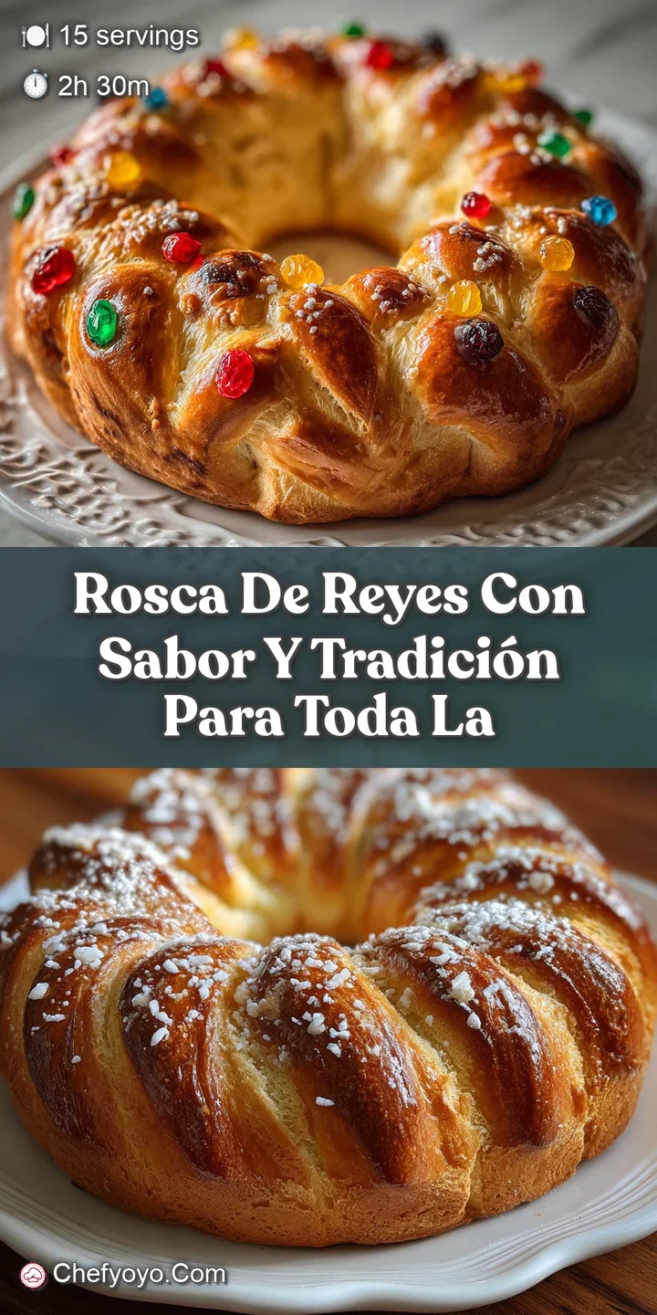 Close-up of a Rosca de Reyes, highlighting the glistening candied fruits, sugary crust, and soft, fluffy interior of the t...