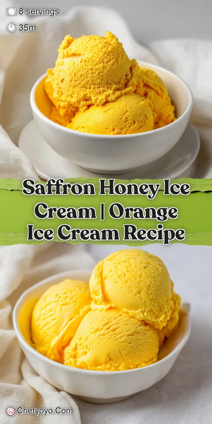Close-up of creamy, orange ice cream with strands of saffron and glistening honey, promising a sweet, floral flavor.