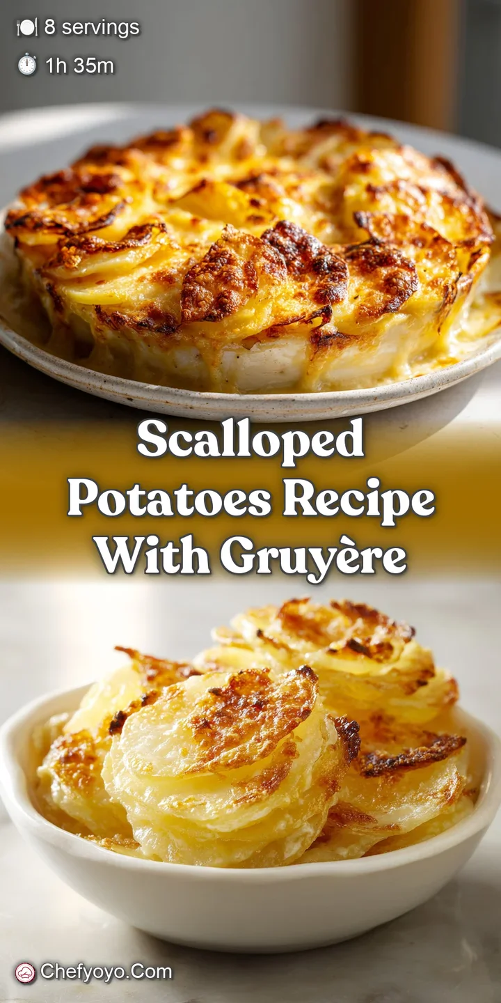 Close-up of bubbling Gruy&egrave;re cheese melted over creamy scalloped potatoes, promising a rich and savory bite.