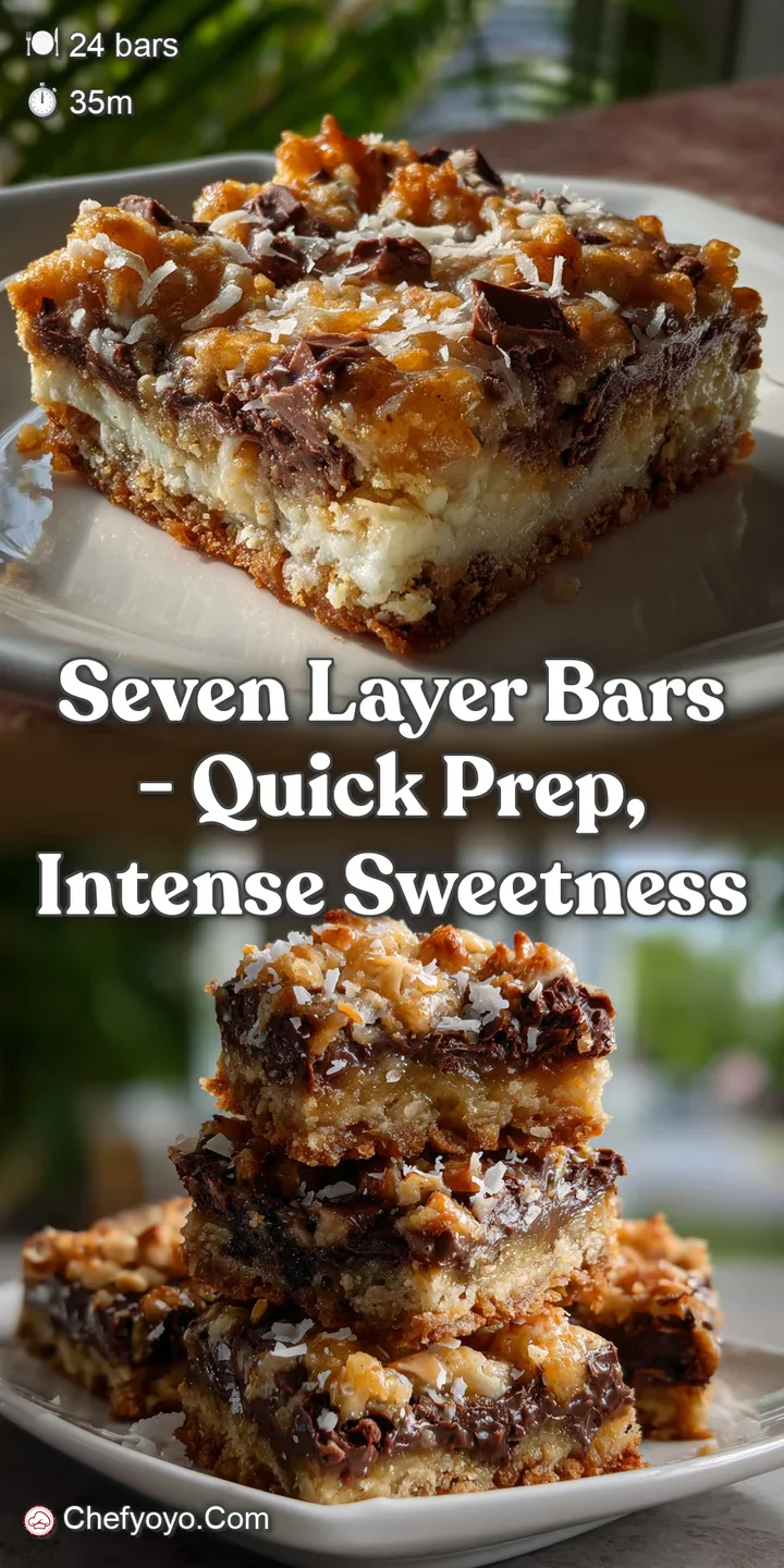 Close-up of a seven-layer bar with melting chocolate chips and toasted pecans. The layers are beautifully defined, offerin...