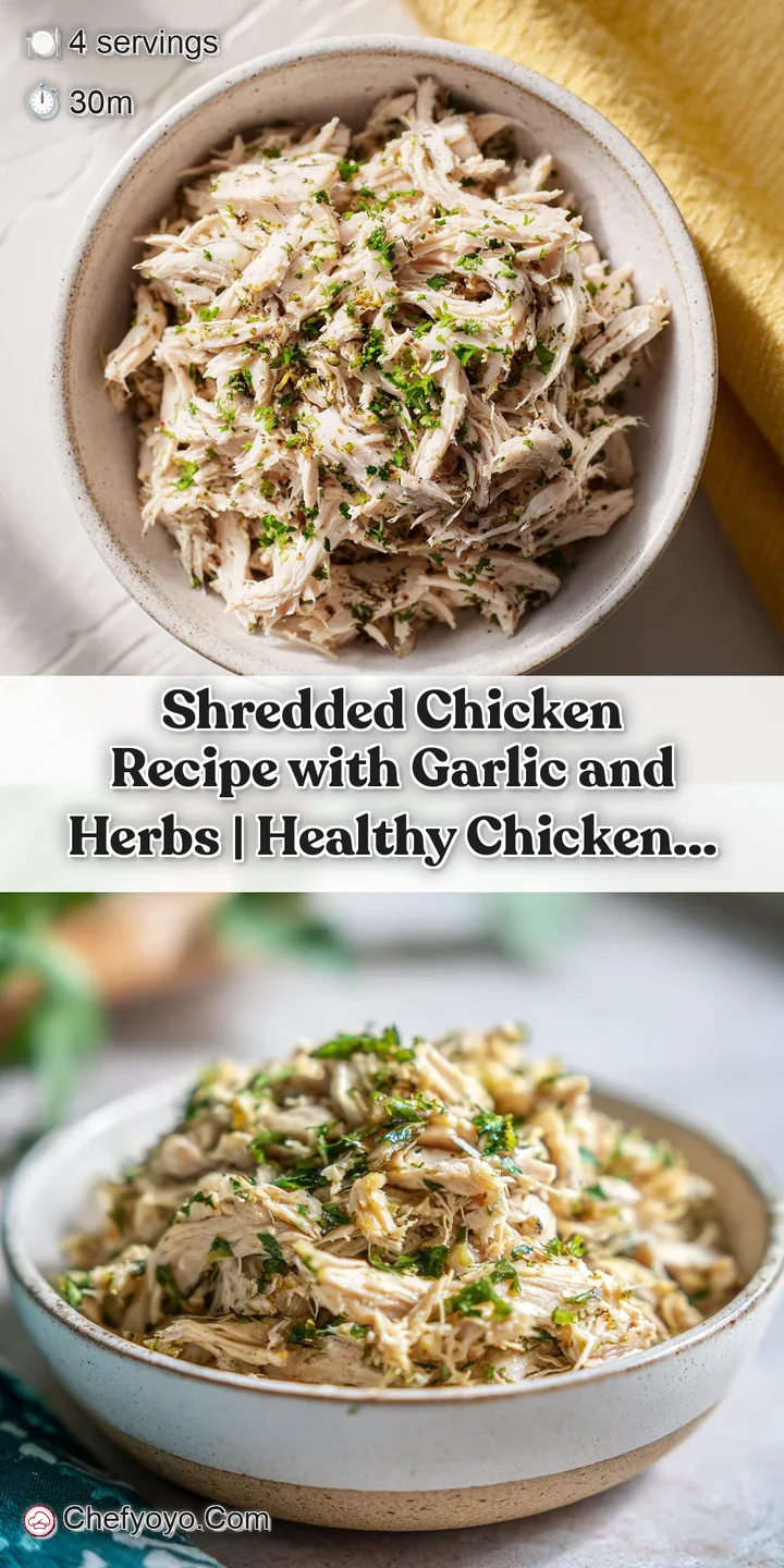 Close-up of succulent shredded chicken, showcasing its tender texture and flecks of aromatic herbs.
