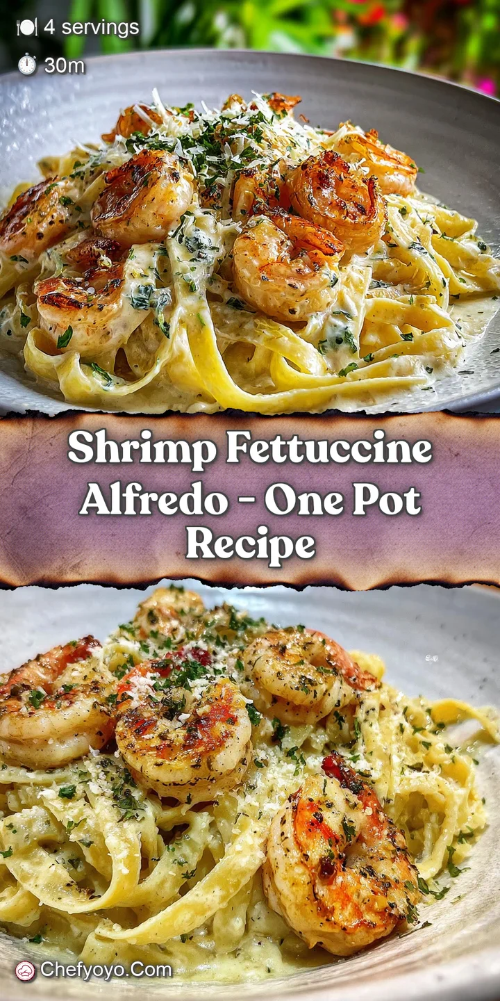 Close-up of glistening Alfredo sauce coating fettuccine and tender pink shrimp. A sprinkle of parmesan adds a savory finish.
