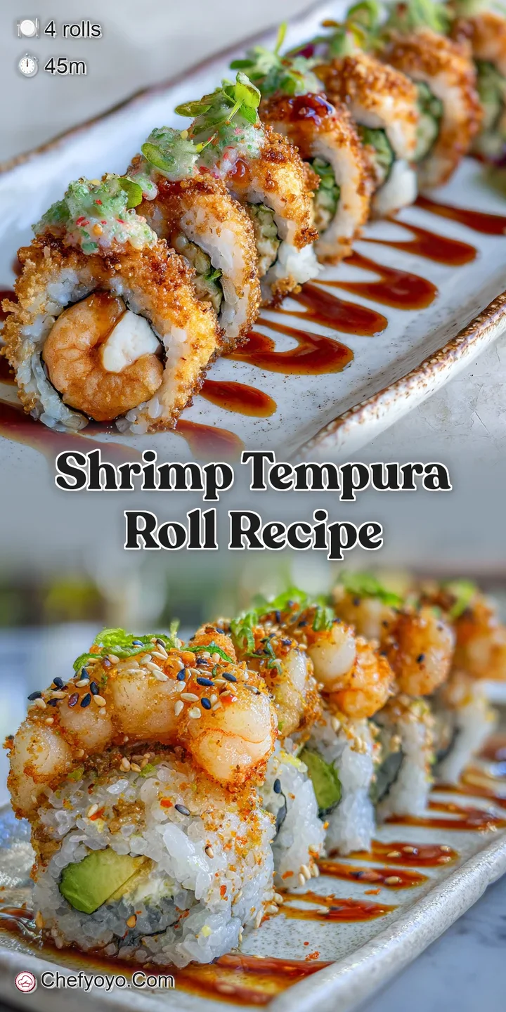 Close-up of a shrimp tempura roll showcasing the crunchy batter, succulent shrimp, and fresh fillings, inviting a satisfyi...