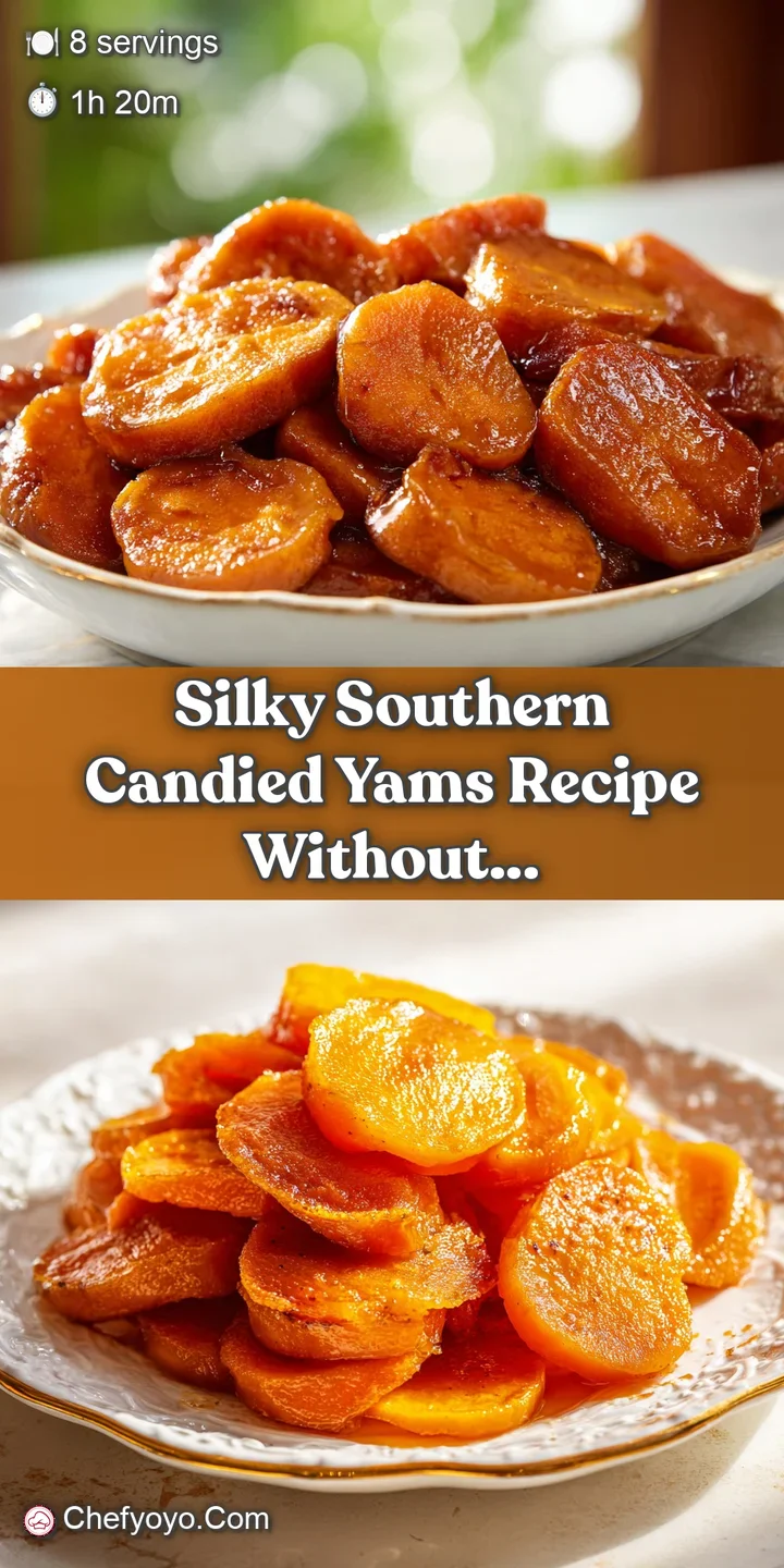 Close-up of syrupy candied yams; the glossy glaze catches the light, revealing tender textures and inviting warmth.
