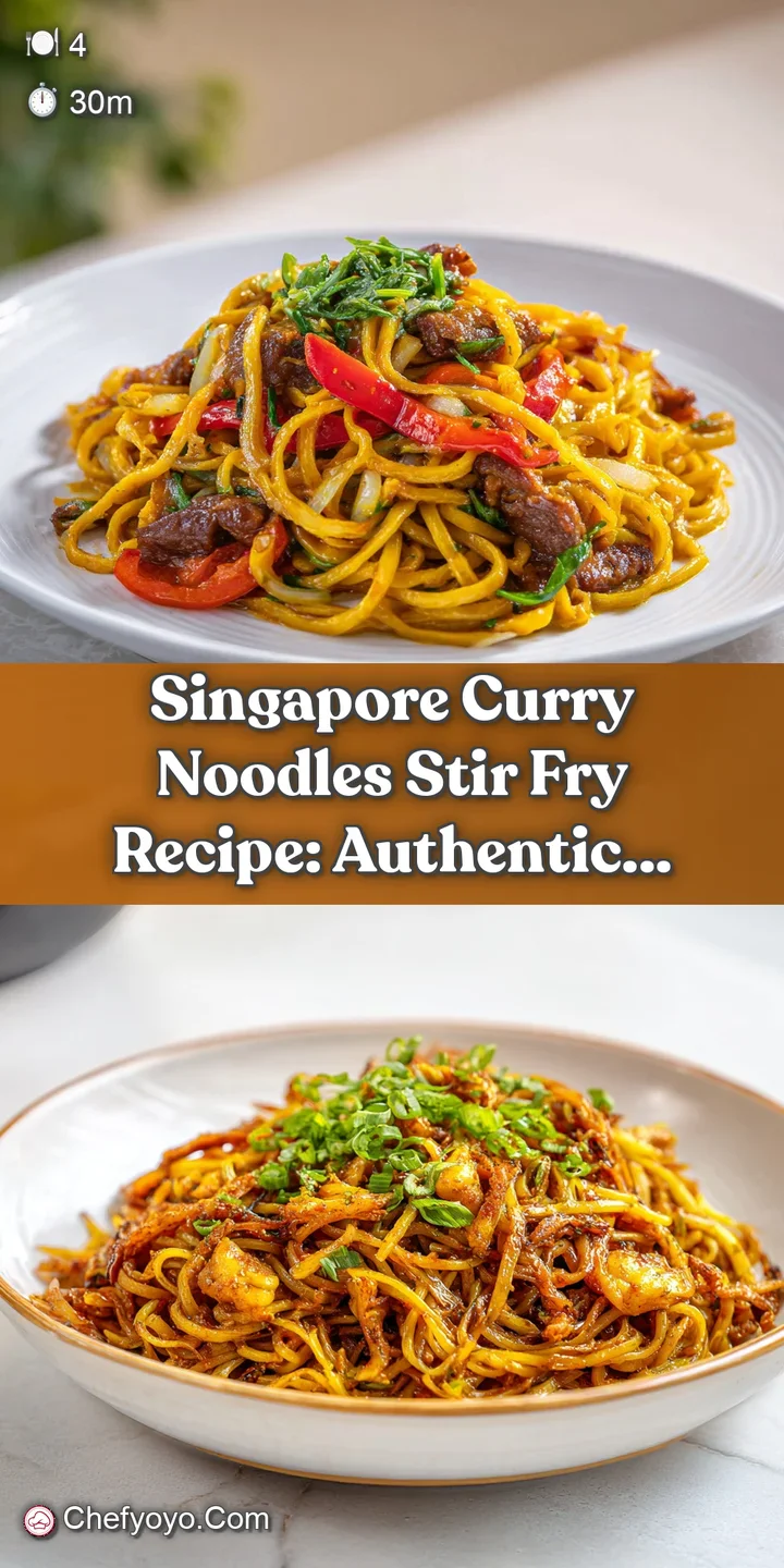 Close-up of glistening yellow curry noodles with tender shrimp and crisp vegetables, showcasing rich, savory texture and i...