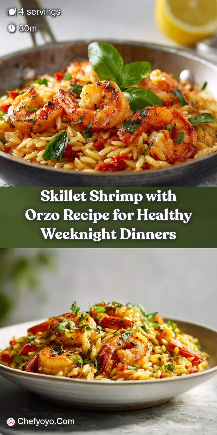 Close-up captures the juicy texture of the shrimp and the creamy sheen of the orzo, flecked with herbs and bright lemon zest.