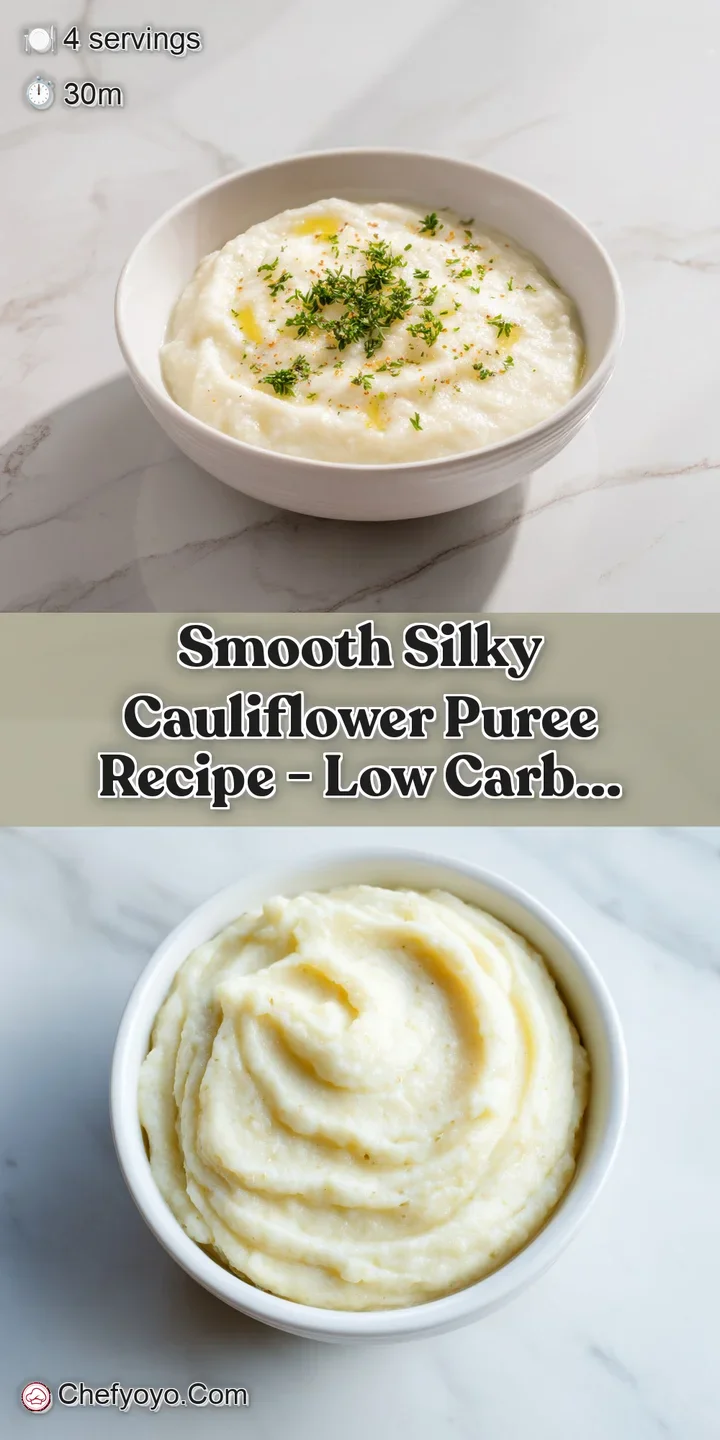 Close-up of silky smooth cauliflower puree, highlighting its pearly white color and inviting, delicate steam rising from t...