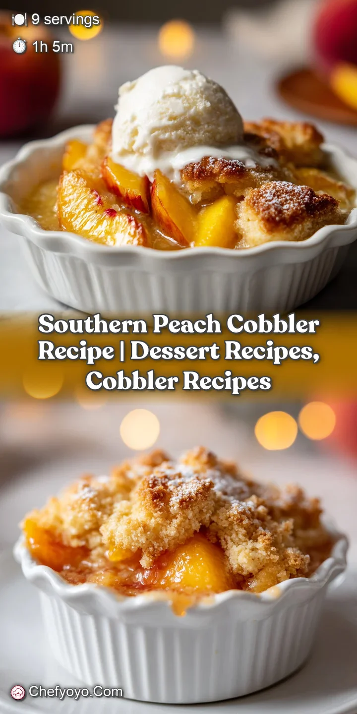 Close-up of sweet, tender peach slices baked under a crisp, buttery cobbler topping.