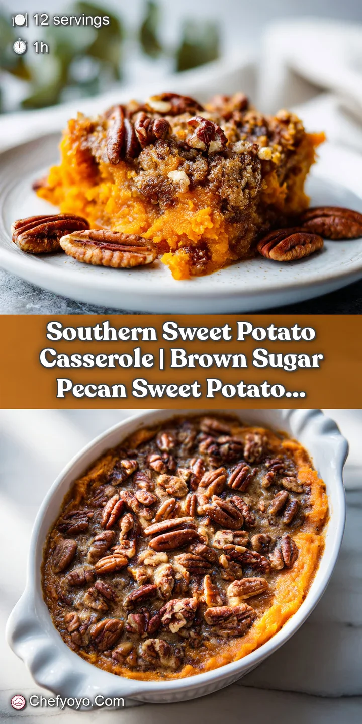 Close-up of bubbling sweet potato casserole with a rich, golden pecan streusel topping.
