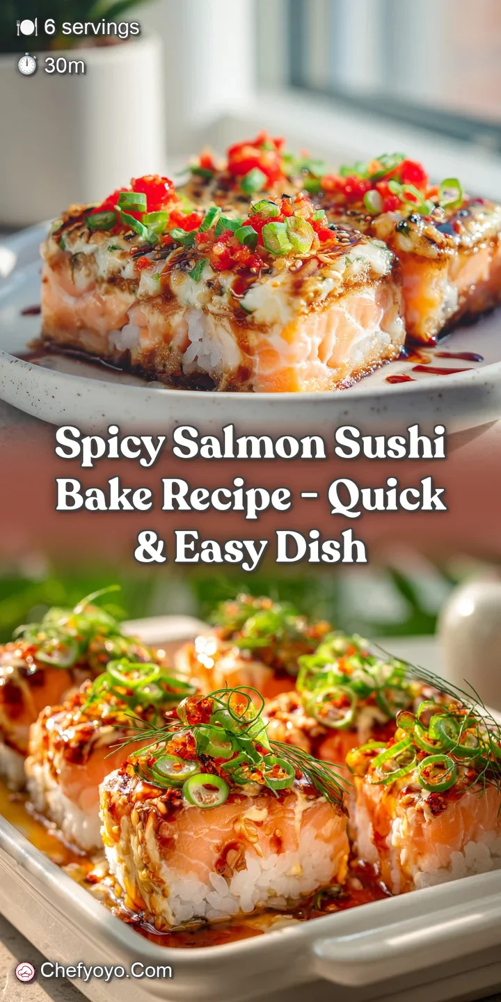 Close-up of a salmon sushi bake. Flaky salmon, warm rice and zesty sauce look incredibly appetizing. Hints of green onion ...