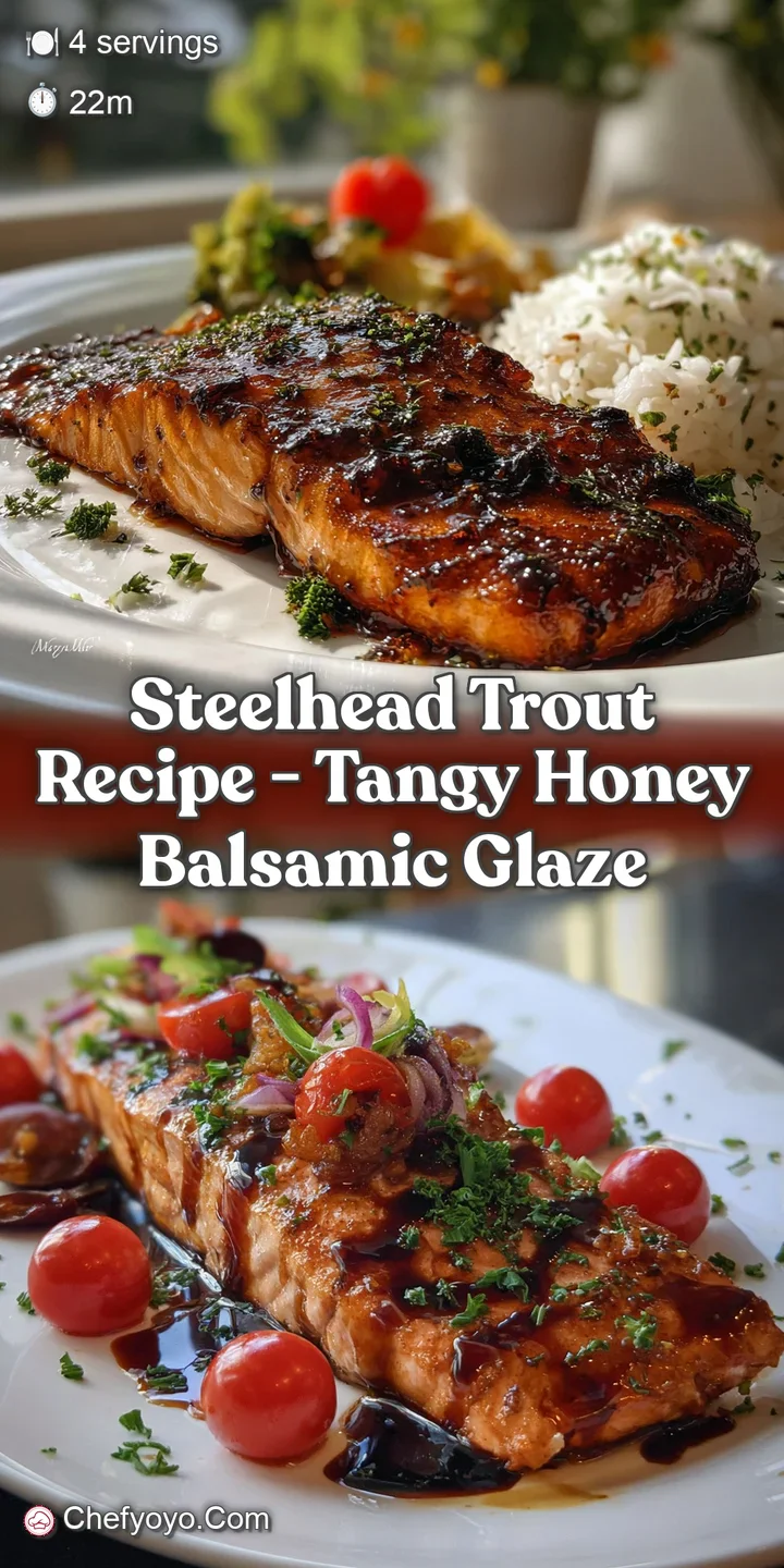 Flaky, glazed steelhead trout glistens under the light, its skin a beautiful mahogany hue, served with vibrant herbs.