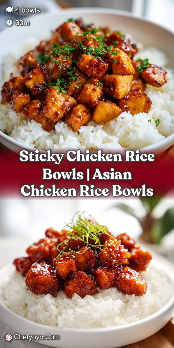 Macro shot of glistening, caramelized chicken glaze and toasted sesame seeds atop a bed of fluffy white rice.