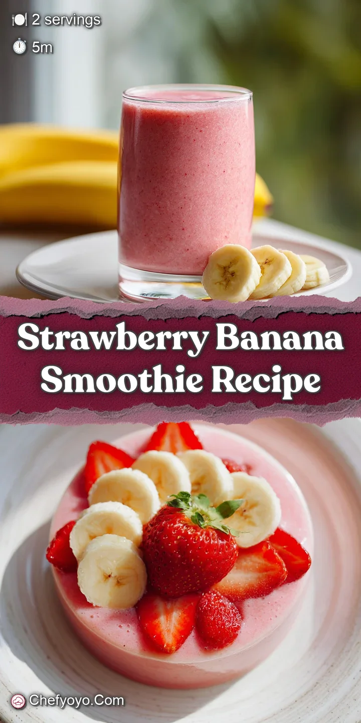 Close-up view of a thick, icy strawberry banana smoothie showing creamy texture and flecks of fruit; a refreshing, blended...