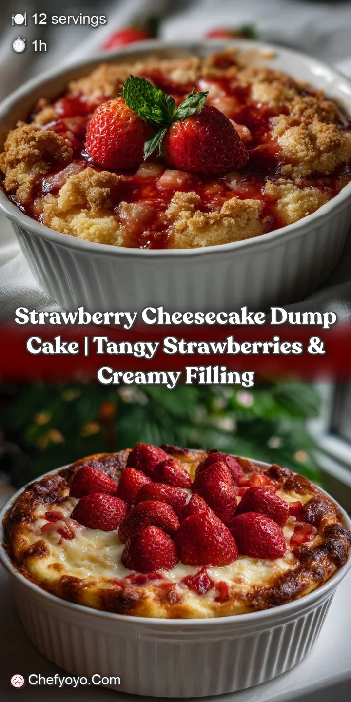 Close-up of a warm, bubbling strawberry cheesecake dump cake, revealing juicy, vibrant red strawberries nestled within a b...