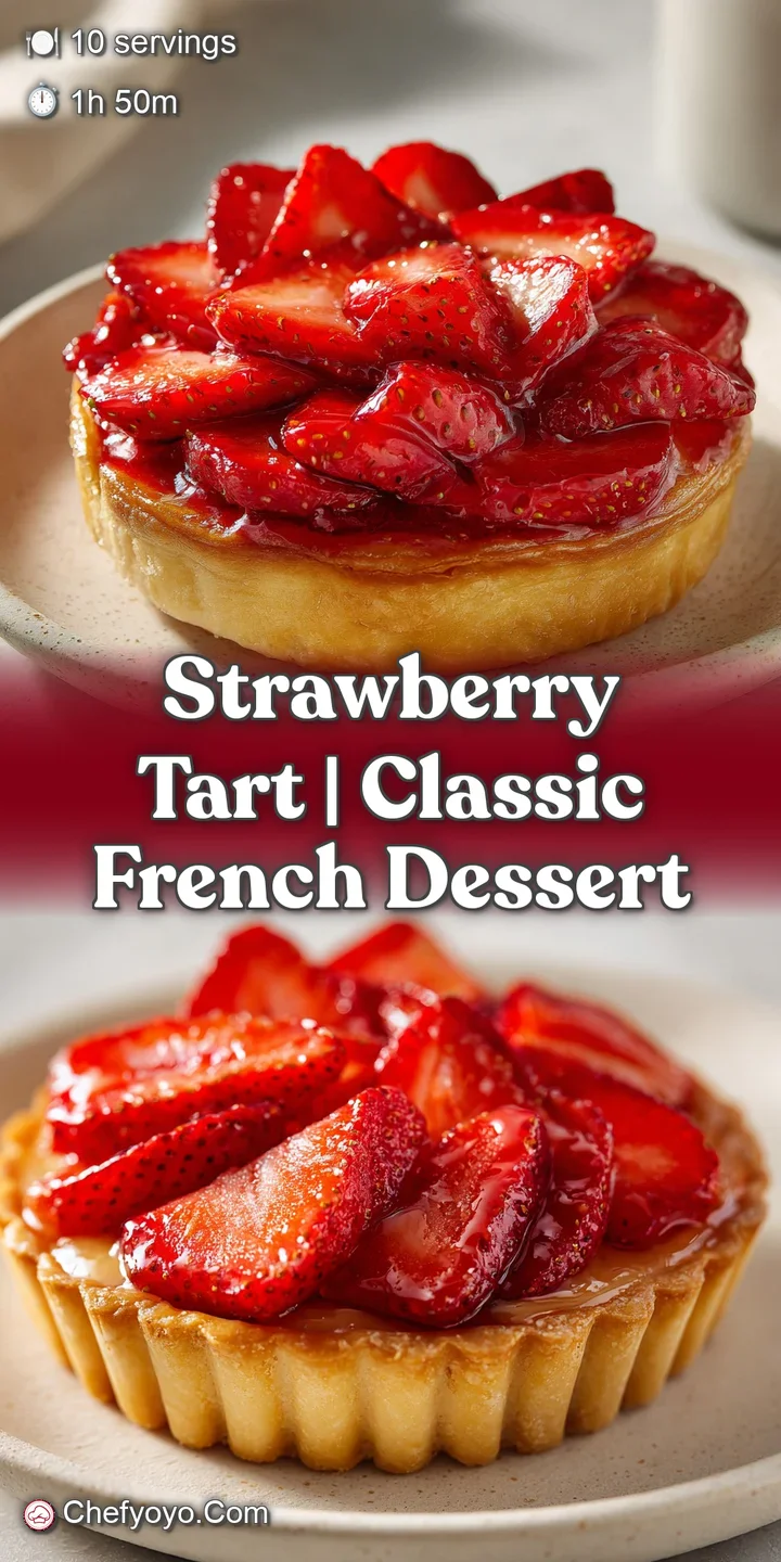 Macro shot of glistening red strawberry slices nestled in a smooth, silky cream filling and a flaky golden crust.