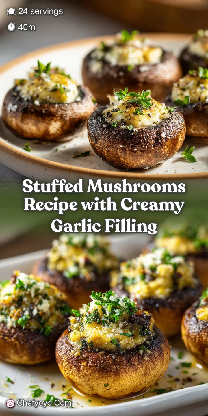 Close-up of a savory stuffed mushroom, showcasing its golden, breadcrumb topping and creamy filling, promising a burst of ...