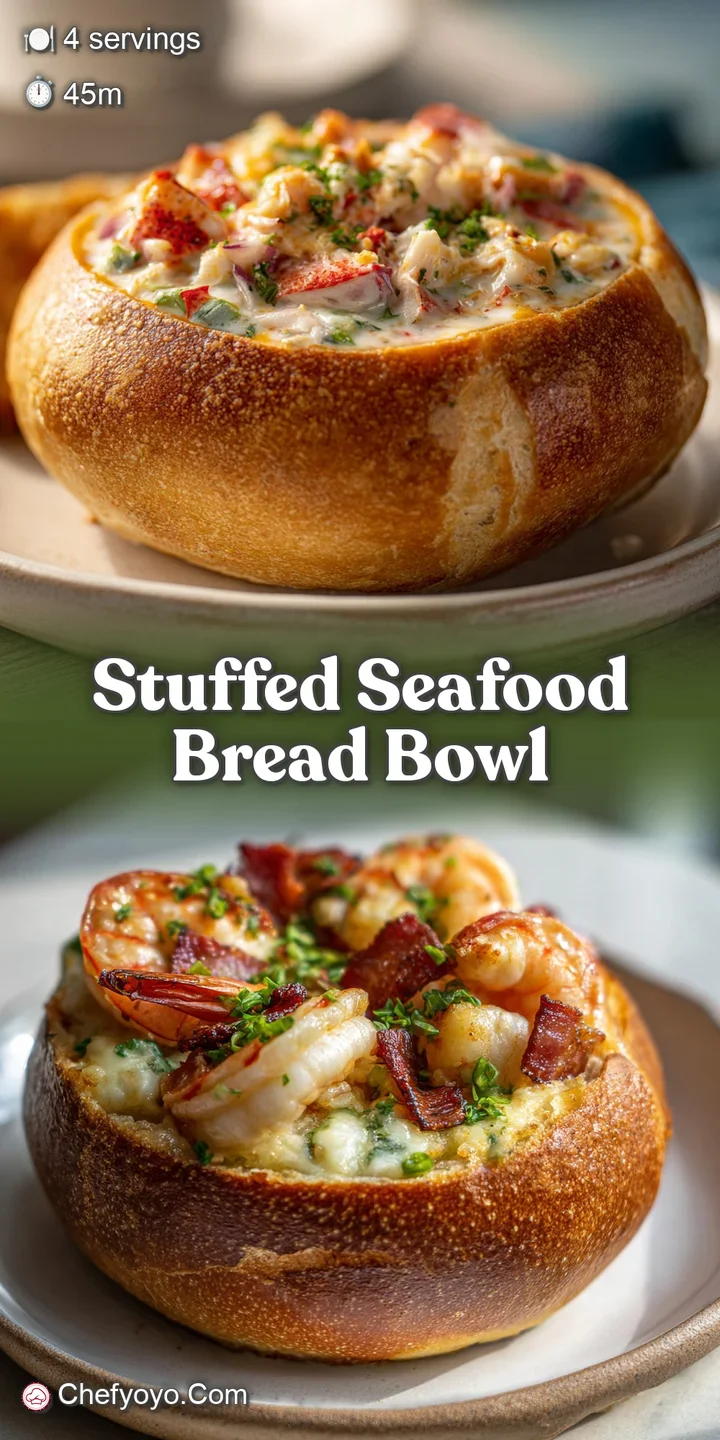 Close-up of a seafood stuffed bread bowl. Rich filling with visible chunks of seafood. Crusty golden bread, tempting view.
