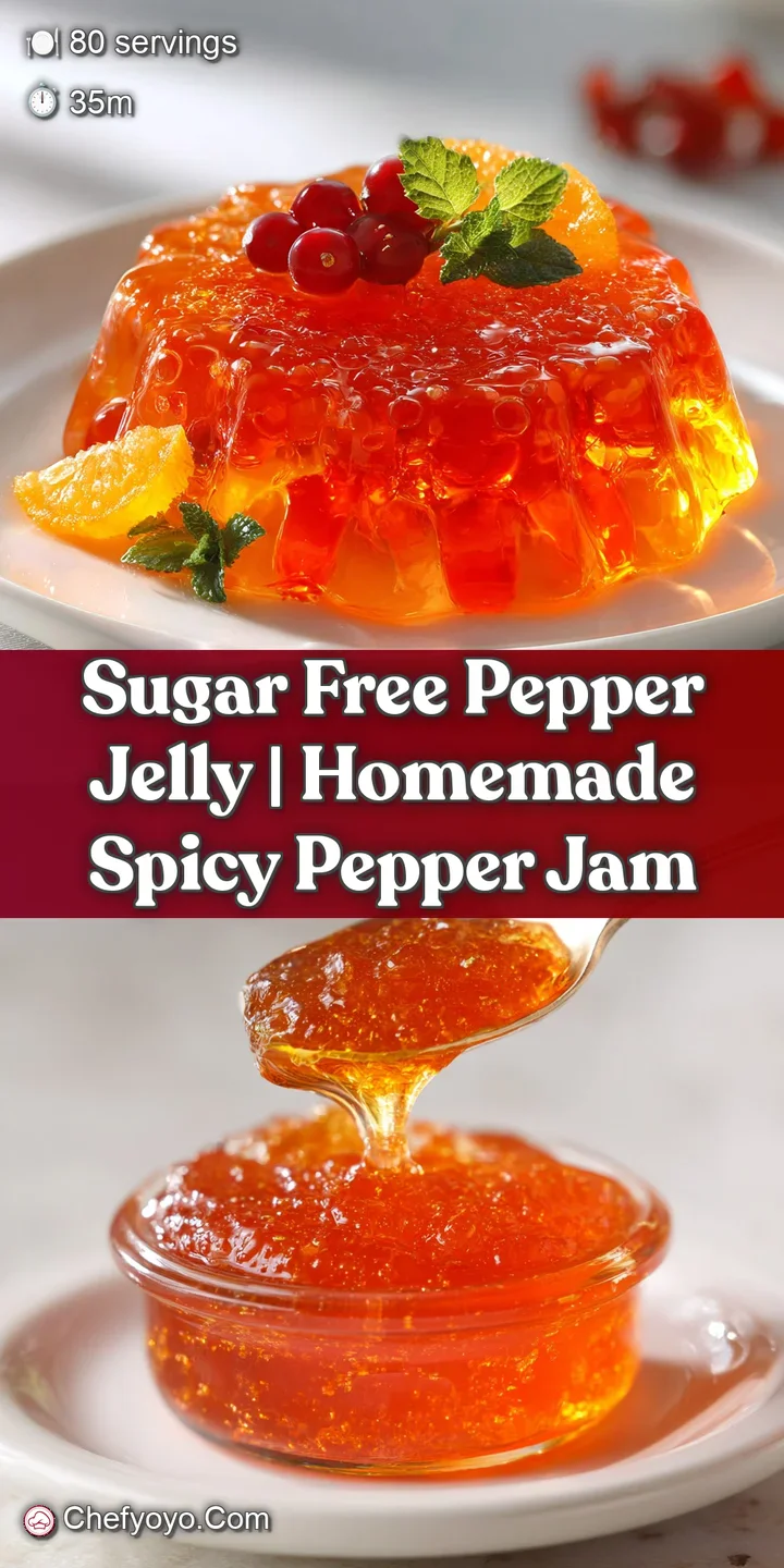 Close-up of jewel-toned red pepper jelly, with visible pepper flecks, its smooth, thick consistency is apparent.