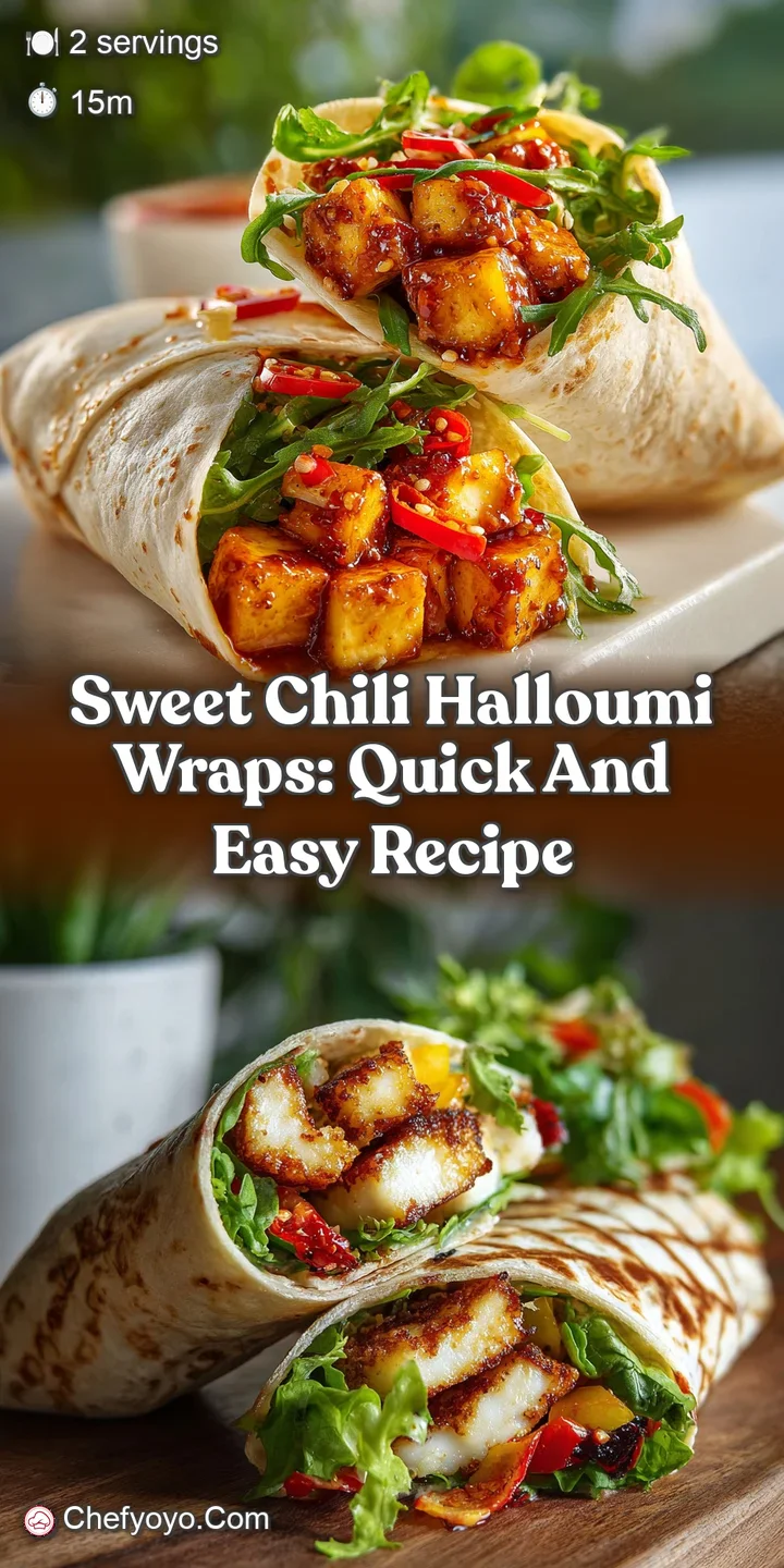 Close-up shows the caramelized halloumi with blistered spots. Sweet chili sauce clings, creating a glossy, inviting, and a...