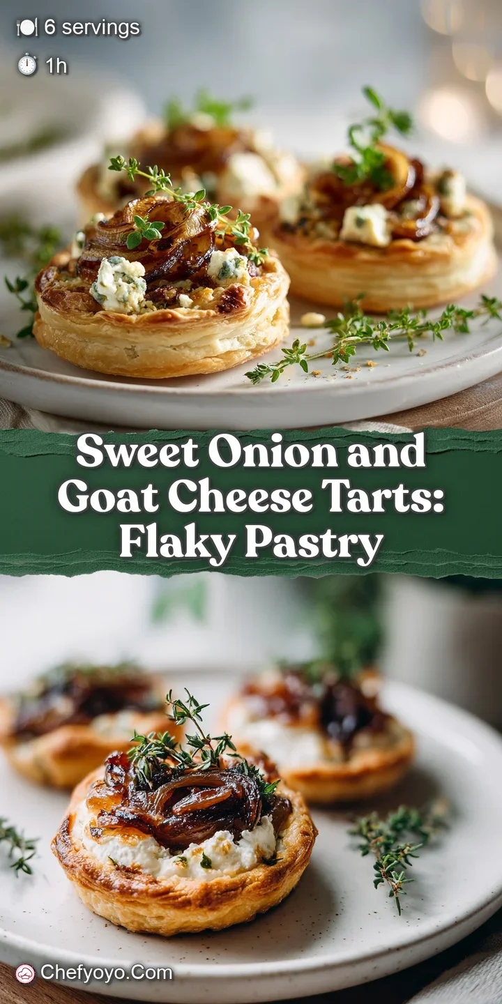 Close-up of a sweet onion and goat cheese tartlet with bubbly, browned cheese and glistening onions. A tempting savory bite.