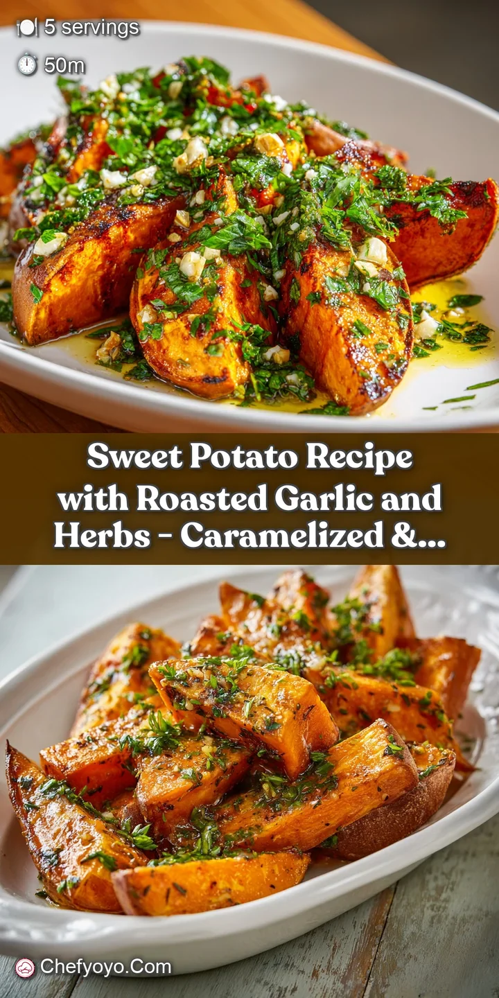 Close-up of caramelized sweet potato, showing crispy skin and soft interior, speckled with herbs and the rich, brown of ro...