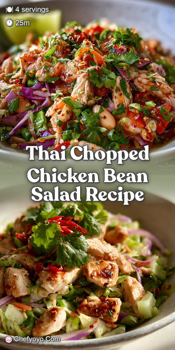 Close-up of Thai chicken salad: juicy chicken, crunchy peanuts, vibrant greens glistening with savory-sweet dressing.