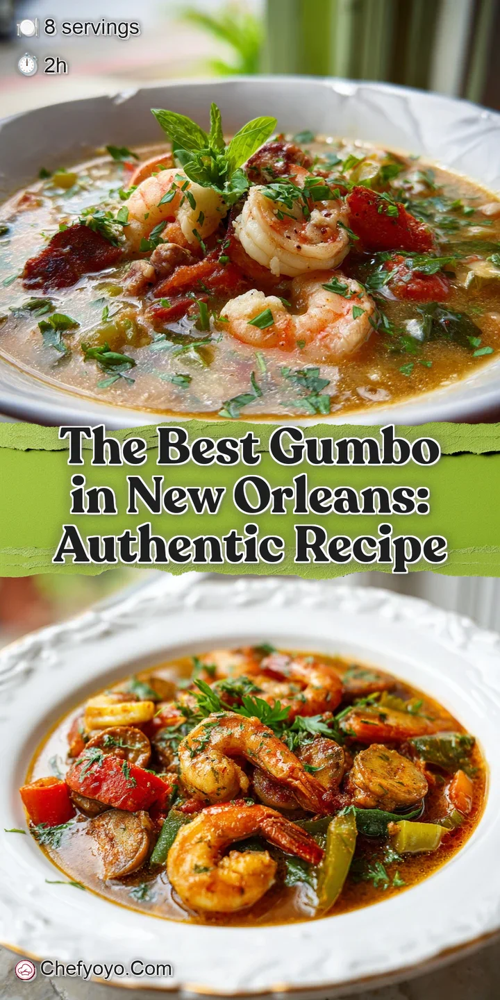 Close-up of the gumbo: plump shrimp, andouille sausage, and vibrant peppers swimming in a deeply colored, flavorful broth,...