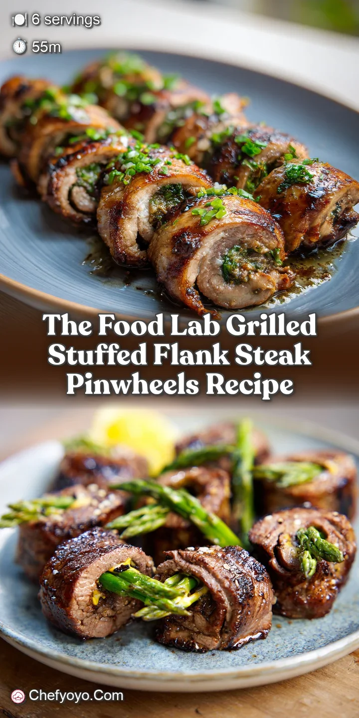 Close-up of grilled flank steak: charred exterior, succulent pink center stuffed with melted cheese and bright green spinach.