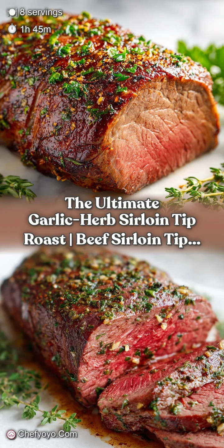 A mouthwatering close-up of tender sirloin roast, revealing its succulent red interior and crisp herb crust.