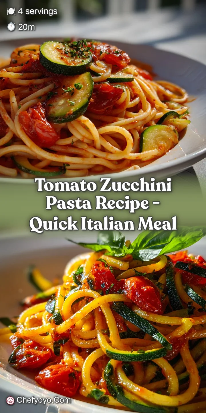 Close-up of glistening tomato zucchini pasta. You can almost smell the fresh basil and taste the tangy tomato sauce. Brigh...