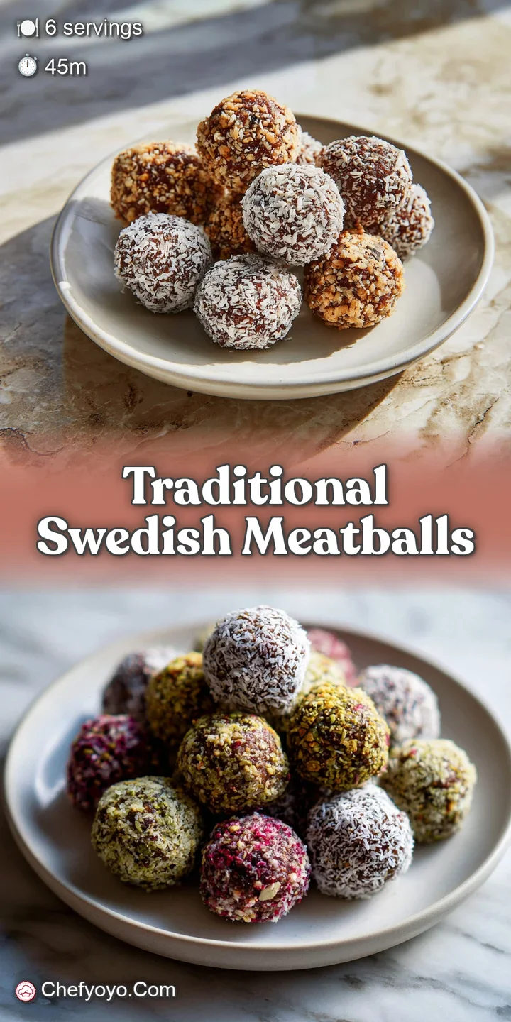 Close-up reveals tender Swedish meatballs glistening in velvety sauce, flecked with herbs, showcasing the dish's creamy ri...