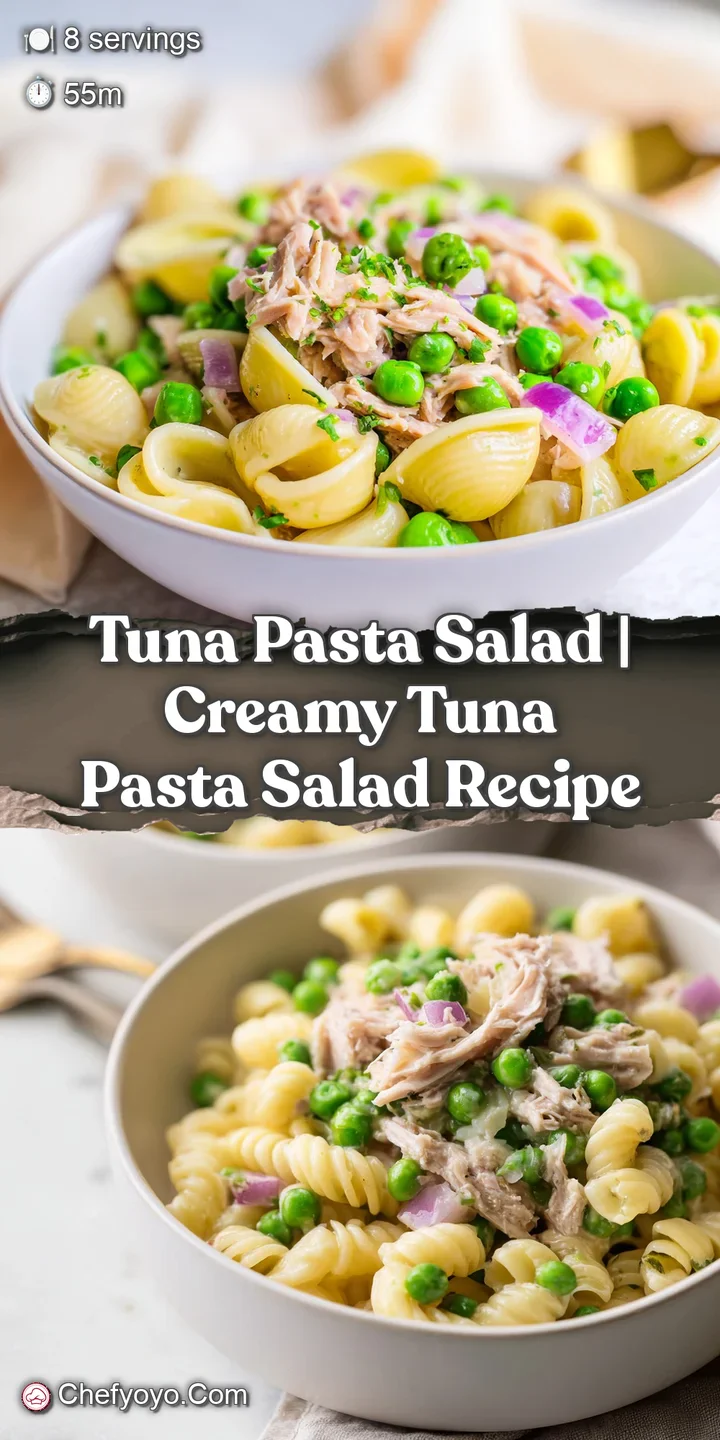 Close-up of tender pasta curls coated in a velvety cream sauce with flaky tuna and bright, crunchy green peas.