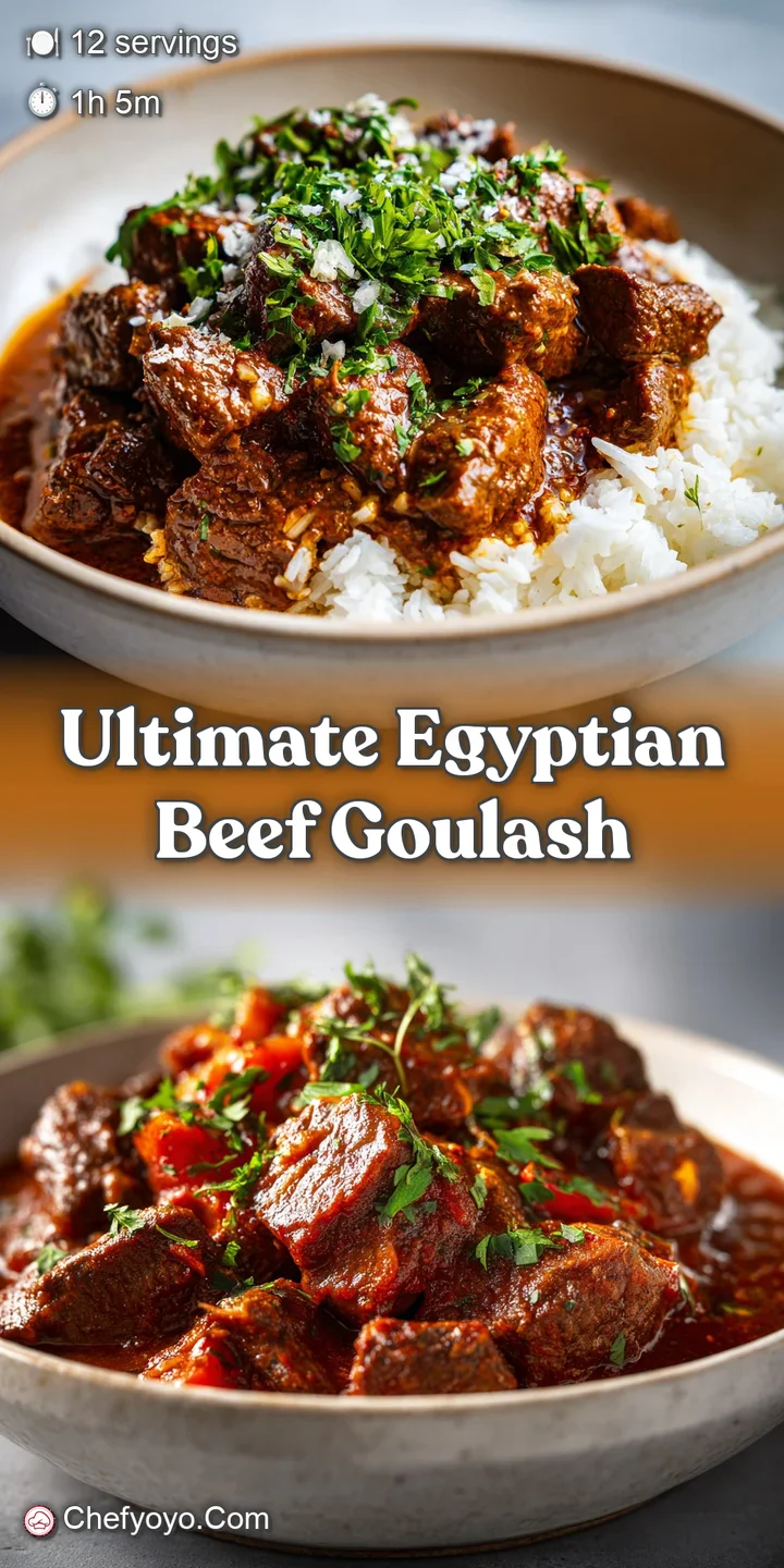 Close-up capturing the deep, reddish-brown hues of the beef goulash, showcasing tender chunks coated in a flavorful, spice...