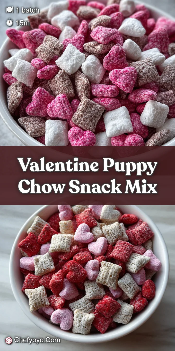 Close-up of powdery-coated puppy chow cereal squares with bright red heart sprinkles; sweet Valentine's Day snack mix with...