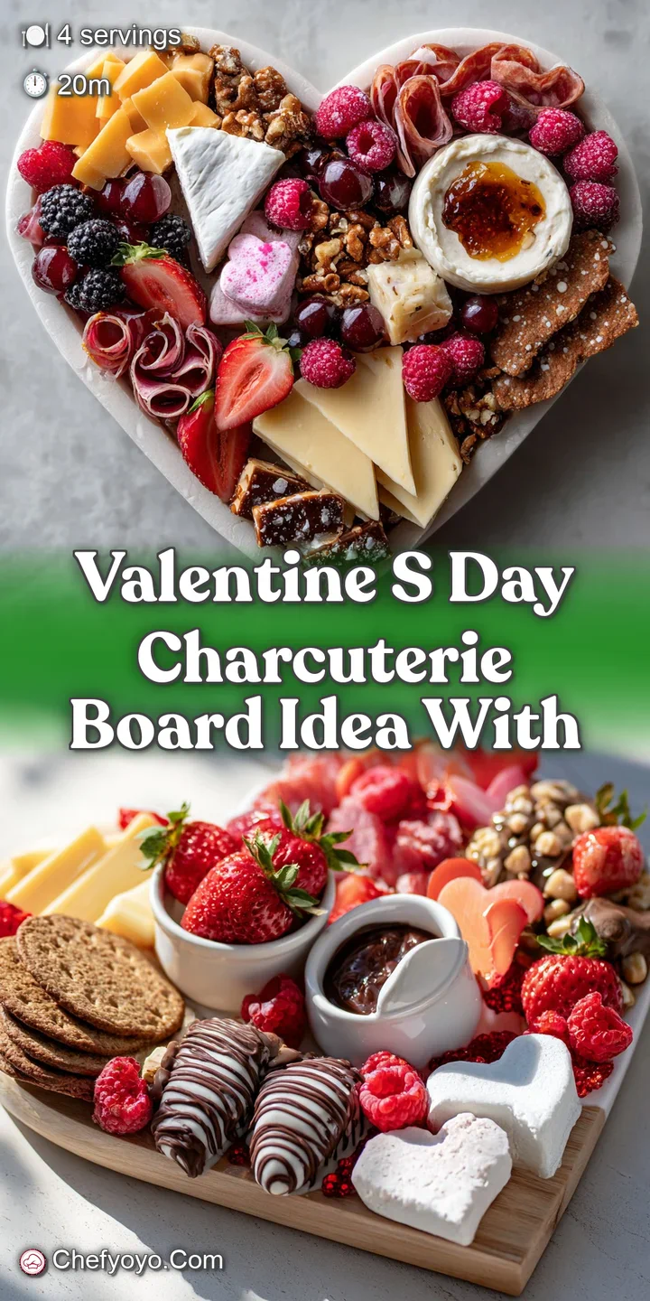 Close-up captures heart-shaped cheddar with juicy red strawberries and a dusting of powdered sugar, evoking romance and fr...