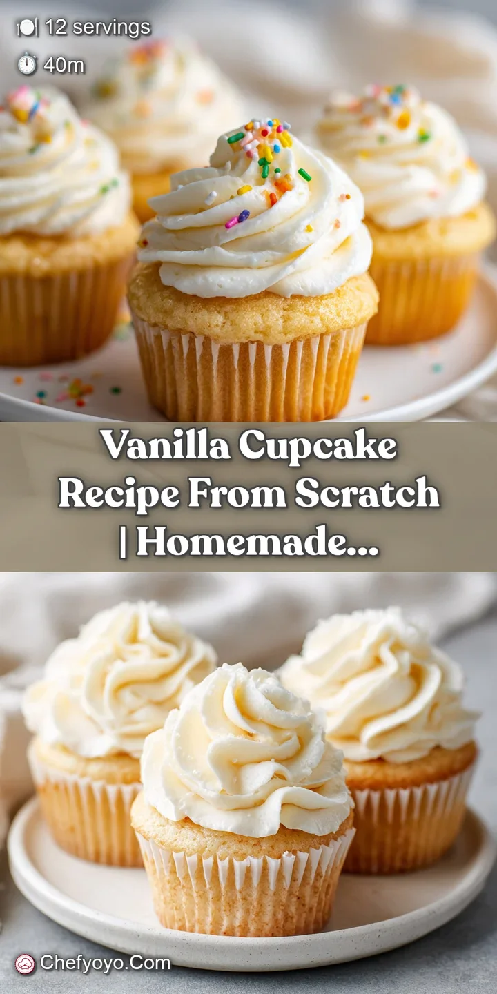 Close-up of a frosted vanilla cupcake, showcasing the creamy texture of the buttercream and colorful candy sprinkles on top.