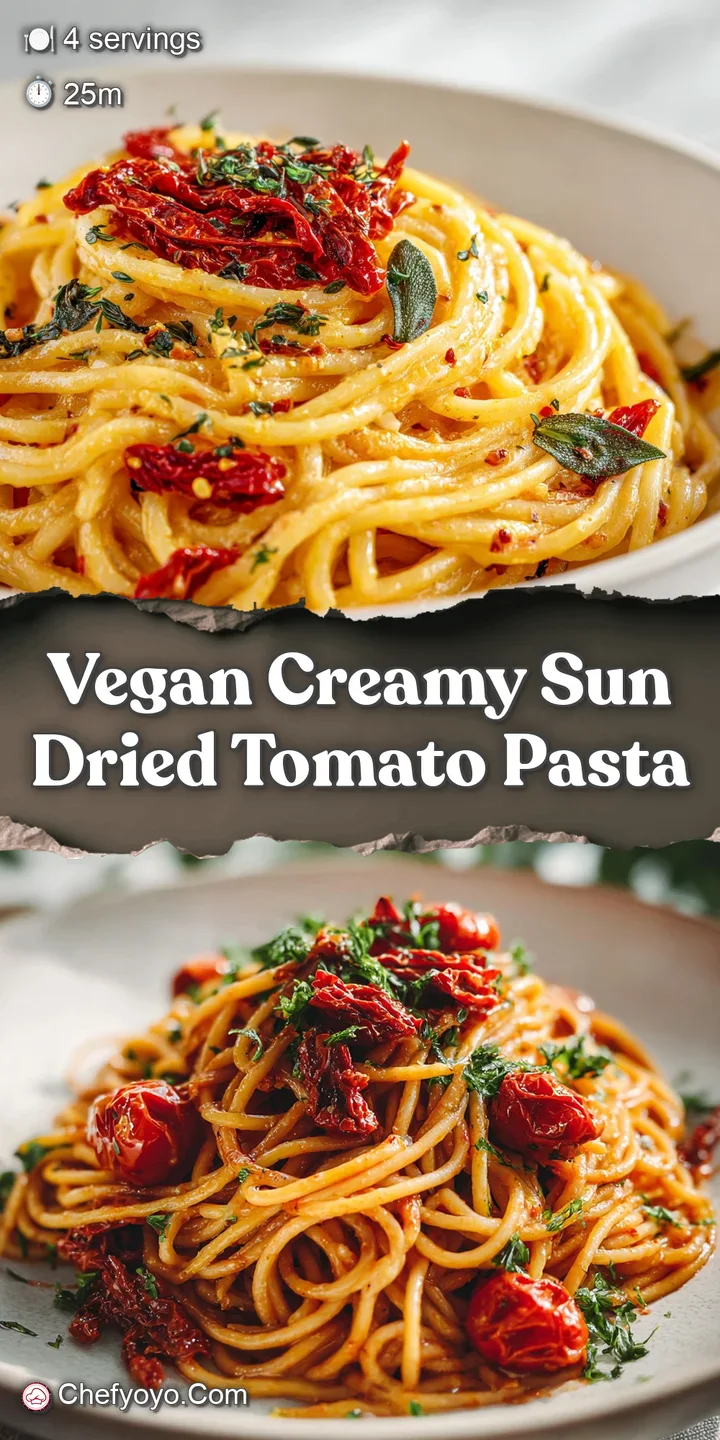 Close-up of creamy vegan pasta; sun-dried tomatoes glisten amongst noodles coated in a rich, appetizing sauce. Looks delig...