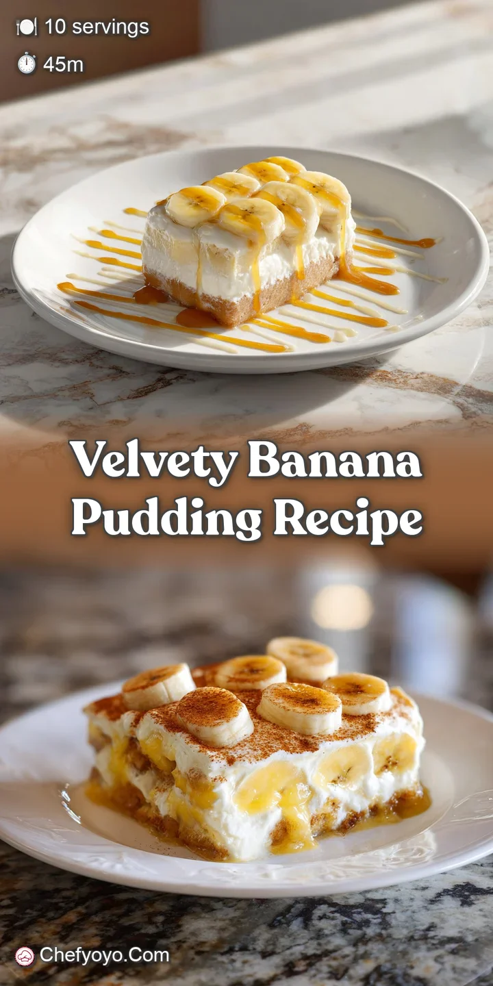 Close-up of creamy, luscious banana pudding showing layers of pudding, soft wafers, and sweet ripe bananas; tempting textu...