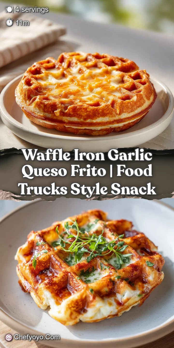 Close-up of golden, crispy waffle iron queso frito, oozing melted cheese with visible herbs and spice in a bubbly texture.