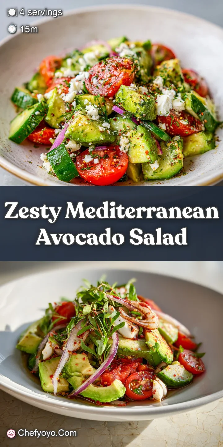 Bright and fresh avocado salad with juicy tomatoes, lemon zest, and feta cheese glistening in the light, ready to be enjoyed.