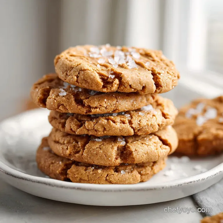 A stack of three baked peanut butter cookies on a rustic wooden board, glistening slightly with coarse sea salt flakes.