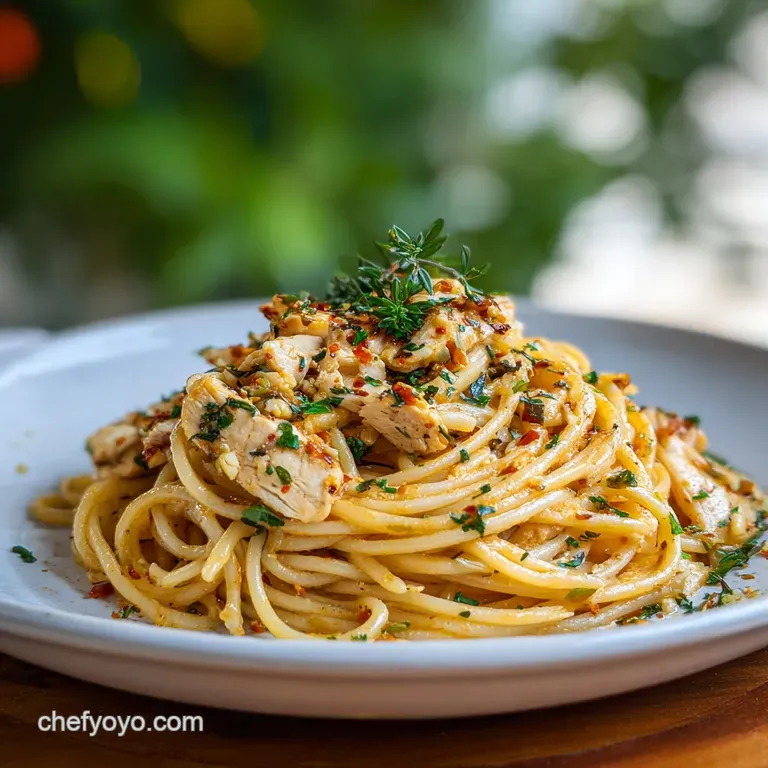 A generous swirl of pasta and chicken on a white plate, glistening with sauce and sprinkled with parsley