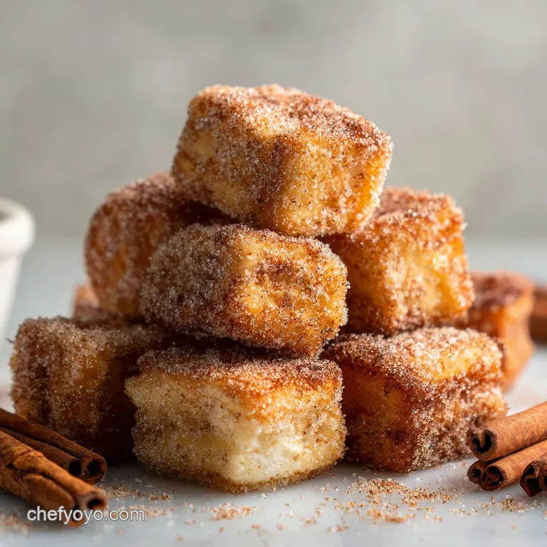 Air fryer churro bites arranged in a small bowl, piled high and coated in cinnamon sugar, evoking a warm and sugary fragra...