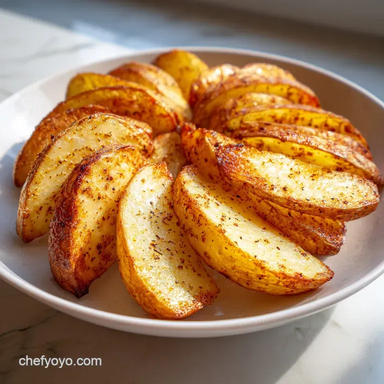 Perfectly arranged air-fried potato slices with flecks of herbs, showcasing their crispy texture and inviting golden color...